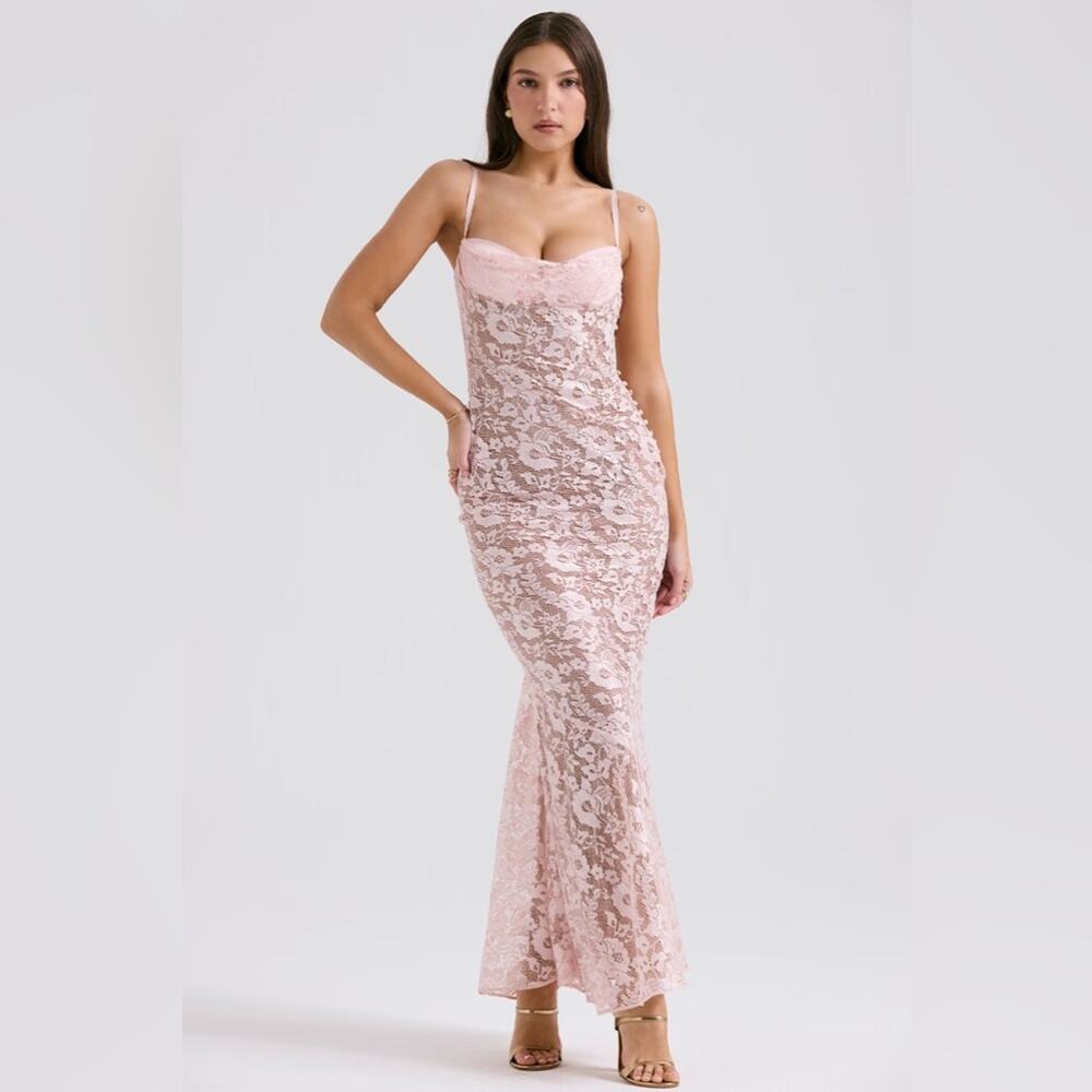 House of CB Azzurra rose pink lace godet gown dress